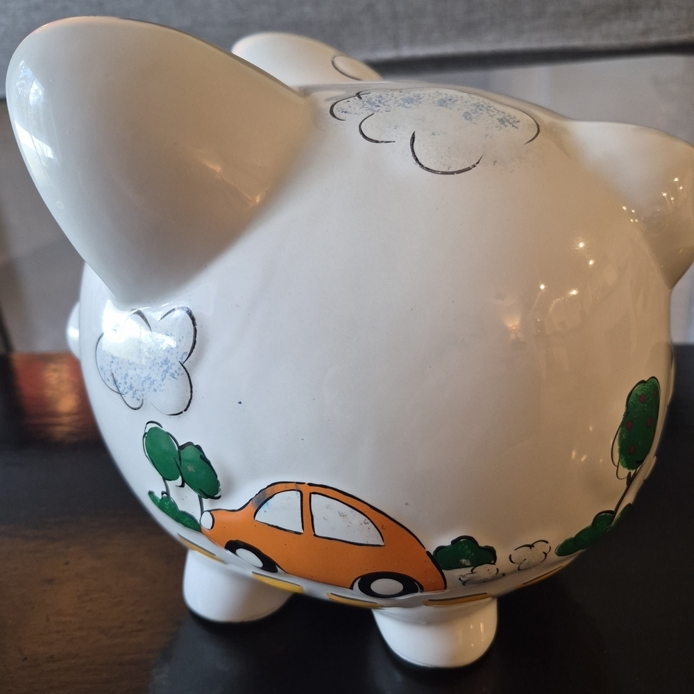 Child To Cherish Nordstrom Piggy Bank White Ceramic Colorful Cars Clouds - Picture 5 of 10
